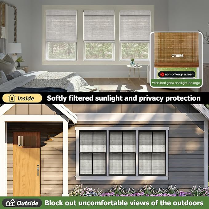 LazBlinds Cordless Bamboo Roman Shades, 45.5x64, Alpine Ivory | Privacy Blinds for Interior Windows, Room Darkening Roll Up Bamboo Blinds for Home & Patio