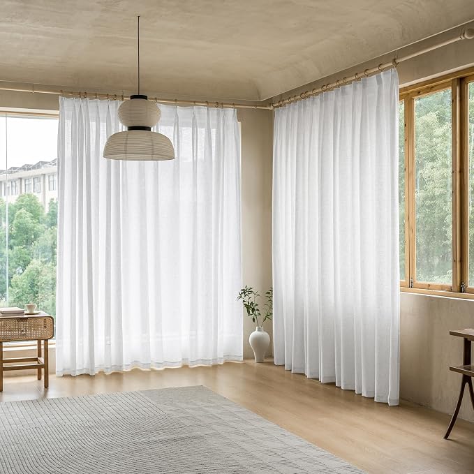MAIHER White Extra Wide Pinch Pleated Curtains Semi Sheer 84 Inches Long, 84" W x 84" L, Light Filtering Faux Linen Pleated Drapes with Hooks for Bedroom Living Room, 1 Panel