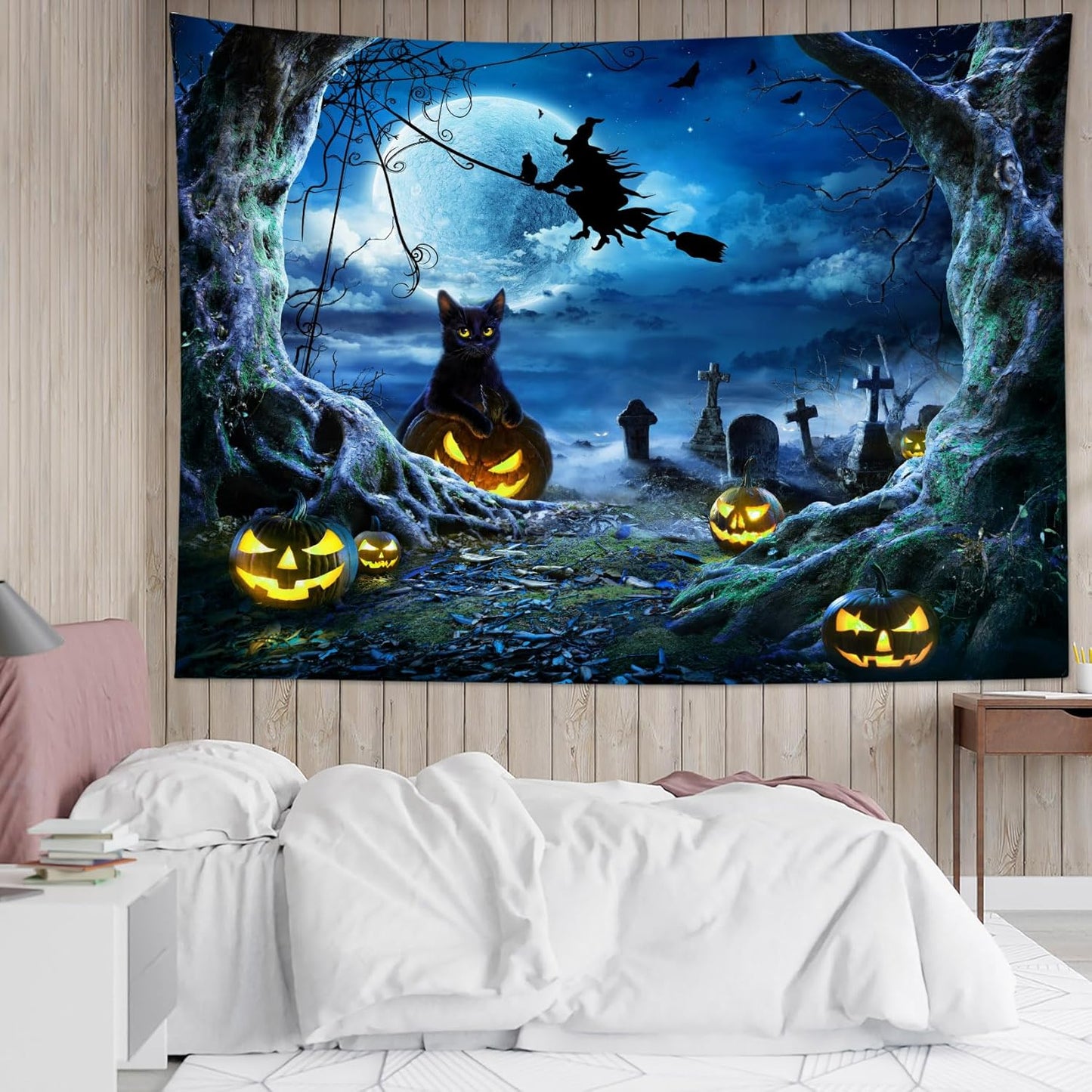 LB Halloween Wall Tapestry 60x40 Inch - Spooky Graveyard Scene with Witch, Black Cat, Pumpkin, Full Moon & Dead Tree Decor for Bedroom, Living Room, Dorm, Party