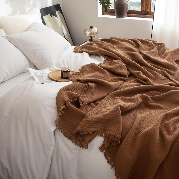 FOSSA Muslin Blanket 4-Layer 100% Cotton Gauze Blanket with Fringe 50"x60" | Super Soft Breathable Lightweight All Season & Decorative Blanket or Bed, Sofa, Office (Dark Orange,Throw)