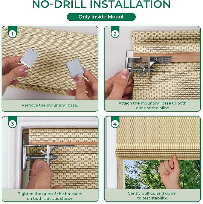 Allesin zen No Drill Cordless Bamboo Roman Shades, Light Filtering 20" W x 64" H, Beige