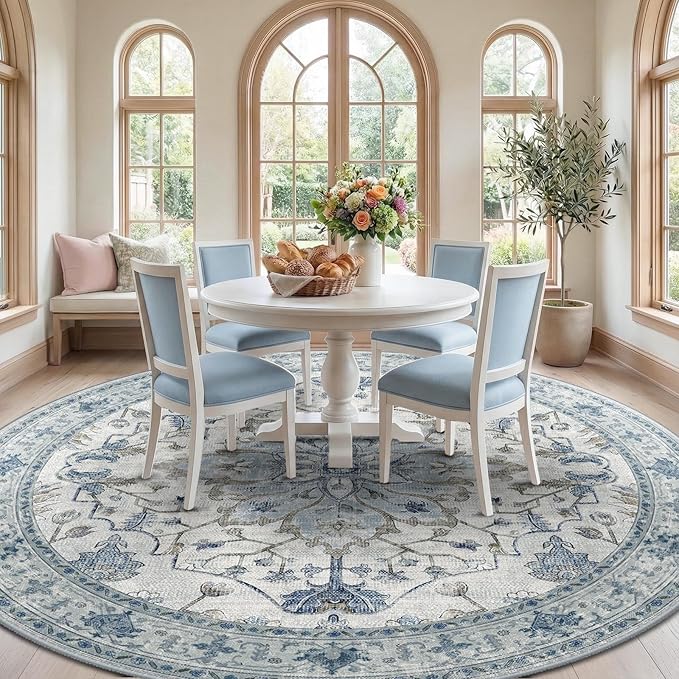 RELEANY Area Rugs 8ft Washable Non-Slip, Floral Vintage Distress Print Pattern Medallion Carpet for Living Room Bedroom Dining Room, Light Blue Navy Beige Gray White