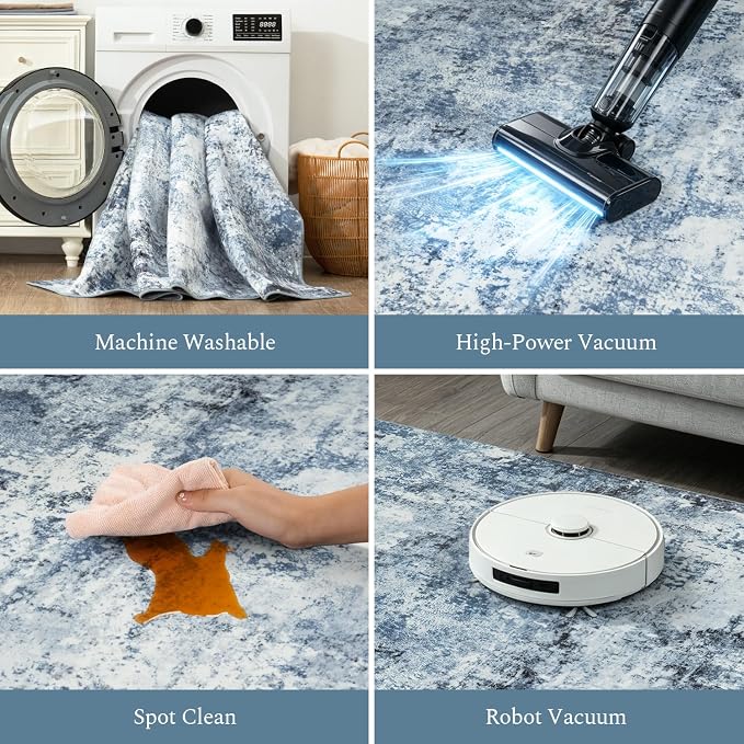 Rugflix 8x10 Area Rugs for Living Room, Washable Large Rug Stain-Resistant Low Pile, Modern Dark Carpet for Dining Room Home Office Kid Room Nursery Bedroom, Blue Grey/Black
