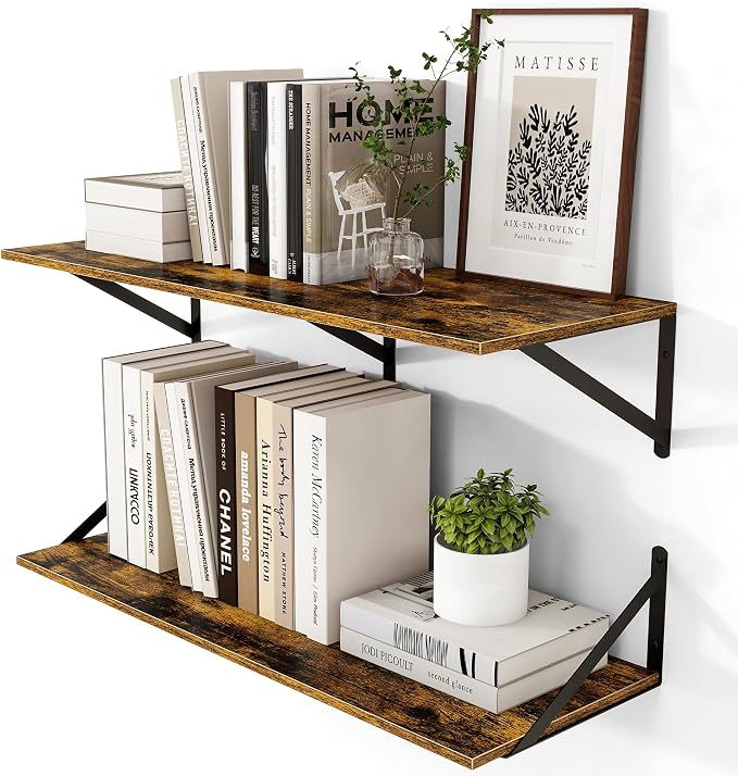 Heimlove Deep Floating Shelves for Wall, 32W x 12D Wood Wall Shelves Set of 2, Wide Floating Bookshelf for Living Room, Kitchen, Office, Bedroom and Decor Storage, with Metal Bracket - Rustic Brown