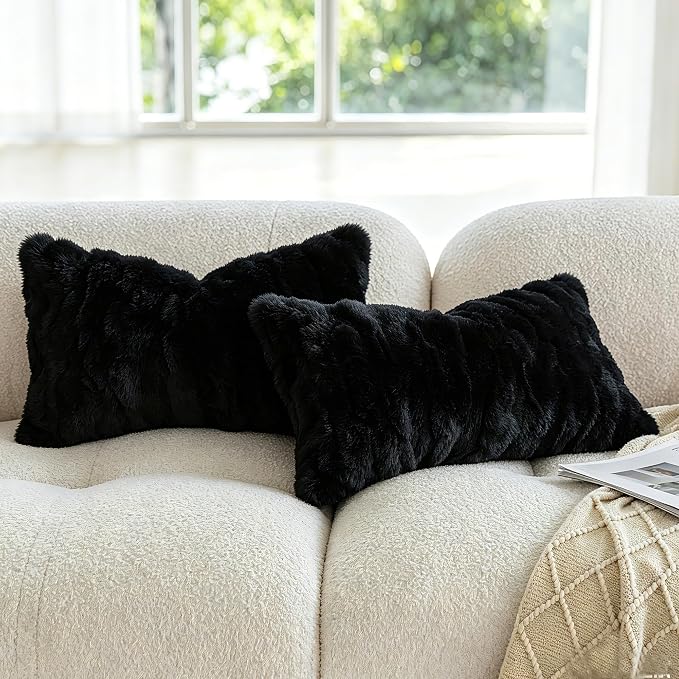 MOOX Rabbit Fur Pillow Covers Set of 2 Fur Throw Lumbar Decorative Pillow Fuzzy Soft Fluffy Genuine Animal Skin 12"x20" Sofa Couch Bed Cover, Black