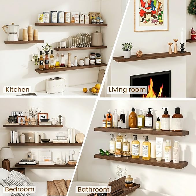 Dreamland Walnut Floating Shelves, Wall Mounted Shelves for Storage and Home Decor, Rustic Wood Shelves for Bathroom, Living Room, Bedroom and Kitchen, 16" x 6.7" Set of 2