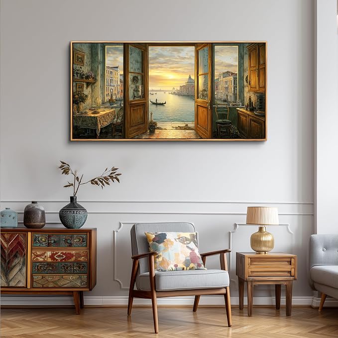 XIGUANGART Extra Large Framed Canvas Wall Art- Vintage Decor, Landscape Wall Art, Venice Grand Canal Art, Modern Farmhouse Decor, Cottagecore Living room Bedroom Bathroom Office Home Decorations