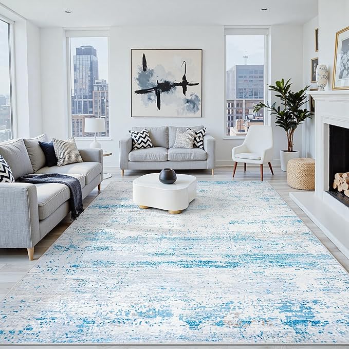 6x9 Area Rugs Washable Rug:Anti-Skid Abstract Modern Living Room Rug Soft Thin Carpets Indoor Floor Non-Shedding Carpet for Bedroom Dining Farmhouse Nursery Home Office(Light Blue/White/Beige, 6x9)