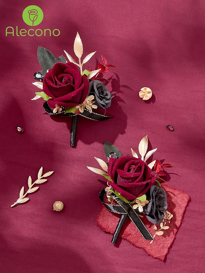 Alecono Boutonniere for Men, Set of 2 Burgundy and Black Boutonniere for Wedding Groom Bridegroom, Artificial Flowers for Prom Graduation Ceremony Anniversary