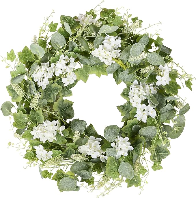 YNYLCHMX 18" Spring Summer Wreaths for Front Door, Artificial Wreath with White Flowers Grapevines Green Eucalyptus Leaves, Green Foliage Wreath for Wall Window Farmhouse Party Holiday Home Decor