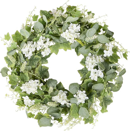 YNYLCHMX 18" Spring Summer Wreaths for Front Door, Artificial Wreath with White Flowers Grapevines Green Eucalyptus Leaves, Green Foliage Wreath for Wall Window Farmhouse Party Holiday Home Decor