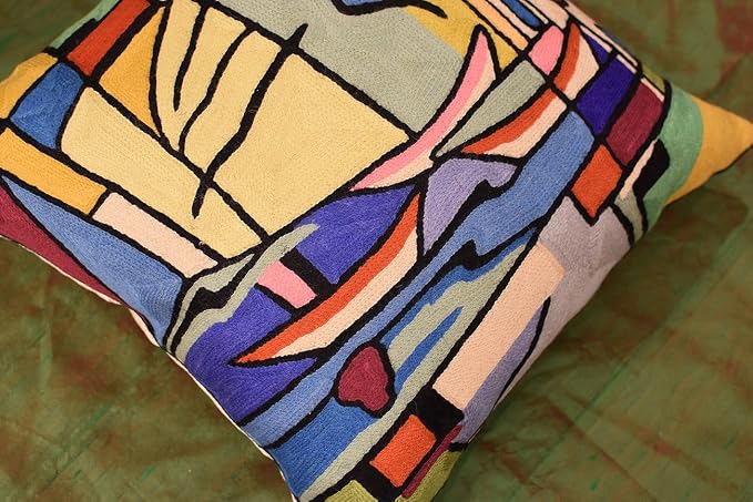 Modern Pillow Cover by Alfred Gockel | Nautical Pillow | Mid Century Modern Throw Pillows | Abstract Pillow for Couch | Contemporary Chair Cushion | Hand Embroidered Wool | Size -18x18