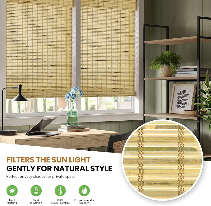 LazBlinds No Tools No Drill Cordless Bamboo Roman Shades, Custom Light Filtering Window Treatment, Roll Up Bamboo Blinds for Windows, Petite Rustique