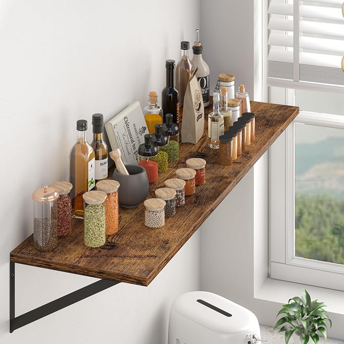 Heimlove Deep Floating Shelves for Wall, 32W x 12D Wood Wall Shelves Set of 2, Wide Floating Bookshelf for Living Room, Kitchen, Office, Bedroom and Decor Storage, with Metal Bracket - Rustic Brown