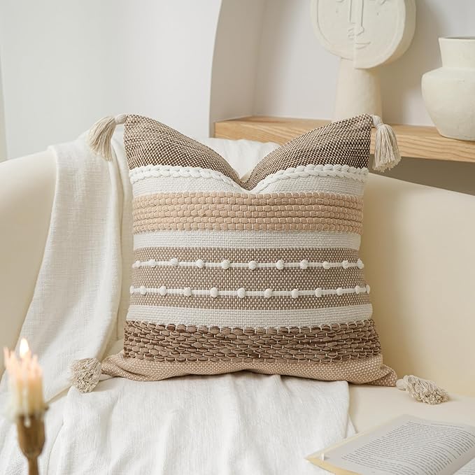 BlissBlush Boho Decorative Throw Pillow Cover 22x22 Square Brown Accent Pillowcase Tassels Farmhouse Cushion for Couch Sofa Bedroom Livingroom Home Décor Cover ONLY (Pack of 1)