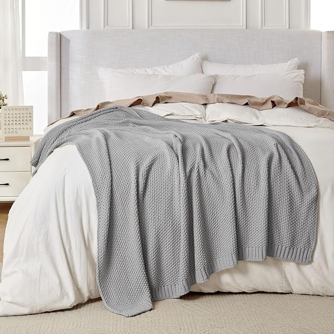 Joydeco Chunky Cable Knit Throw Blanket, Lightweight 100% Cotton Soft Cozy Throw Twin Blanket for Couch Bed and Sofa, Rustic Breathable Farmhouse Blanket Gift for Women Men(Grey, 60"x80")