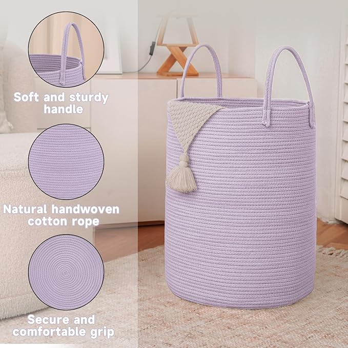 JMvicyroam Large Woven Laundry Basket Hamper,60L Cotton Rope Storage Bin for Blankets,Toys and Clothes,Decorative Tall Nursery Hamper for Living Room,Baby Nursery,Bathroom and Bedroom,Purple