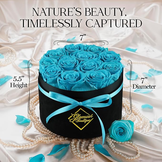 GLAMOUR BOUTIQUE Flowers Forever Gift Box, 12 Real Preserved Roses in Velvet Box, Floral Gift for Her, Mom or Wife for Birthday, Mother’s Day, Anniversary or Graduation, Teal (Color-Treated)