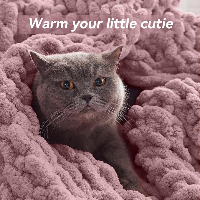 Negwoo Chunky Knit Throw Blanket, 80''*90'' Knitted Throw Chenille Yarn for Bed Couch, Handmade Muted Pink Crochet Big Thick Blanket, Machine Washable Cute Comfy Blanket for Home Decor
