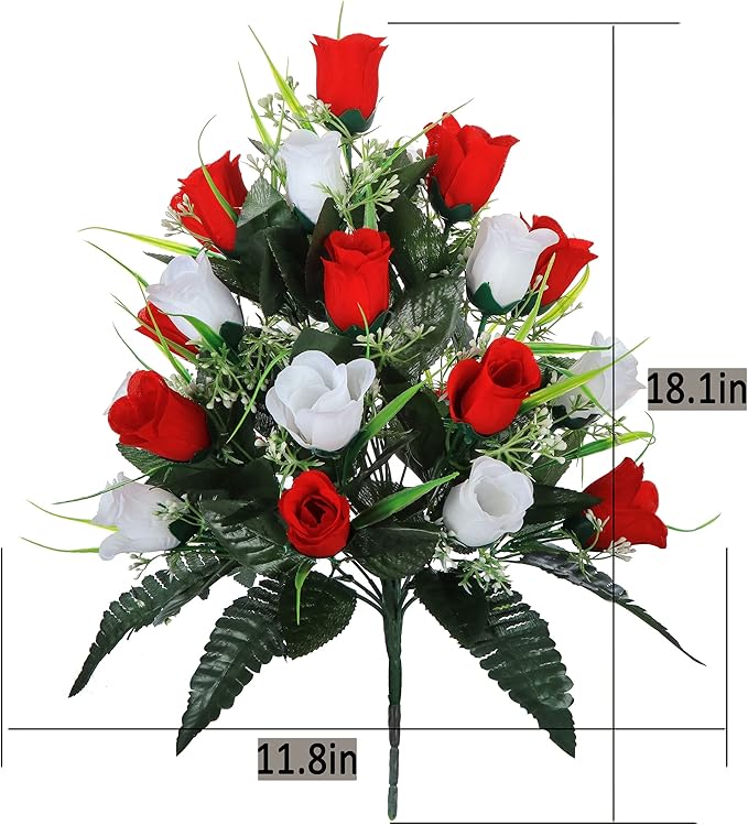 LVXINLI 2 Sets Artificial Cemetery Flowers,Outdoor Grave Decorations Roses,Beautiful Arrangements Bouquet with Cemetery Vase,Lasting and Non-Bleed Colors (White+Red)