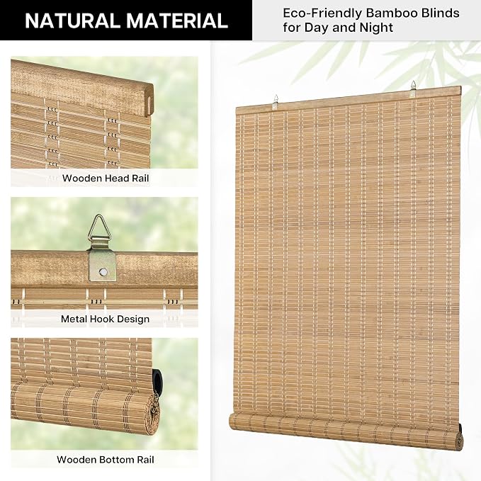 LazBlinds Cordless Bamboo Blinds, Bamboo Roll Up Shades for Windows, Light Filtering Hanging Window Blinds, Shades for Patio Indoor/Outdoor Porch, 24" W x 64" H, Brown206