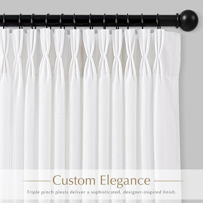Triple Pinch Pleat Linen Curtains White 92 inches Long Memory Shape Light Filtering White Pleated Drapes Track System Back Tab Textured Drapery Panel Modern Minimalist Farmhouse Living Room Decor