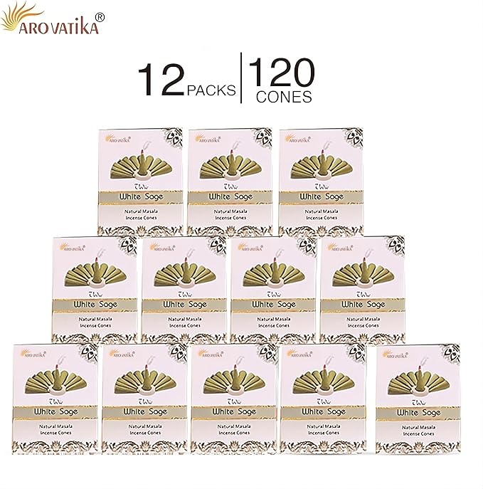 ARO VATIKA Vedic White Sage Natural Masala 120 Incense Cones in Pack of 12 Boxes |12 Assorted Fragrances Dhoop Cones | Best for Prayer, Reiki, Meditation and Relaxation | Burn time- 25 Mins