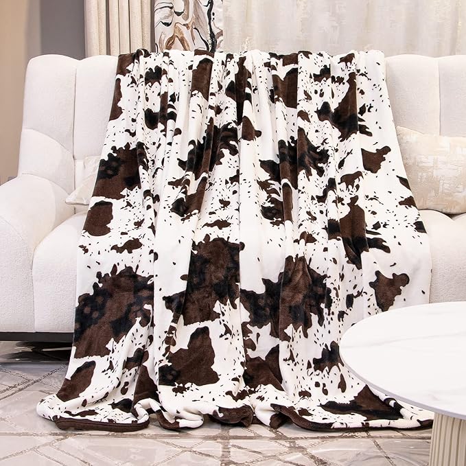 Cow Print Blanket for Couch Bed, Cow Gifts for Teens Girls Boys Women, Soft Plush Fuzzy Fleece Throw Blanket for Adults Kids, Cozy Warm Farmhouse Home Room Decor, Brown White 50x60 Inch