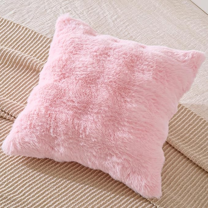 AmHoo Pack of 2 Throw Pillow Covers 3D Dense Faux Rabbit Fur Cozy Super Soft Fuzzy Set Case Cushion for Couch Sofa Bedroom 20 x 20-Inch Pink