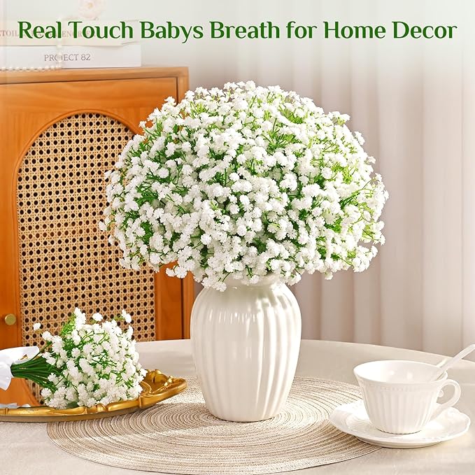 Yastouay 50 Pcs Babys Breath Artificial Flowers, White Baby Breath Flowers Artificial Bulk, Real Touch Fake Flowers Babys Breath Gypsophila for Wedding Home Party Bouquet Floral Arrangement Decor