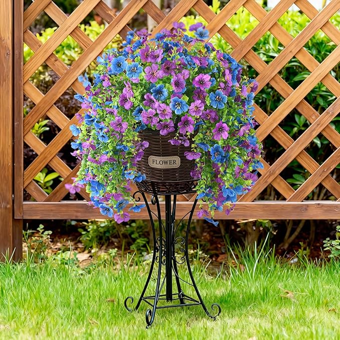 Artificial Flowers Hanging Baskets, 4 Bundles Outdoor Hanging Basket Spring Summer Decoration, No Fade Realistic Fake Flowers Plants for Porch Patio Balcony Home Yard Decor(Purple Blue)