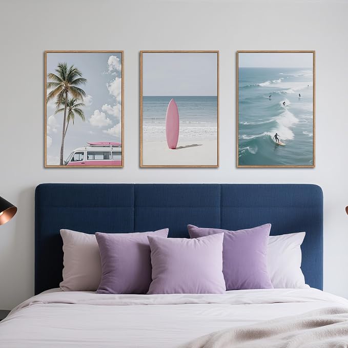 SIKERIC Large Beach Seascape Framed Canvas Wall Art Set of 3, Palm Tree Surfboard Wall Decor, Relax Summer Ocean Surfing Artwork, Modern Coastal Landscapel Art Print for Living Room, Bedroom -24x36