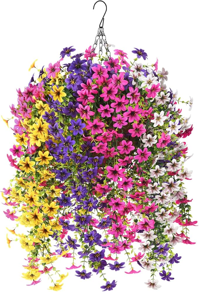INQCMY Artificial Fake Hanging Plants Flowers Basket for Spring Outdoor Outside Decoration,UV Resistant Faux Silk Flower in Planter for Home Patio Porch Balcony Garden Yard Decor(Mixed Color)