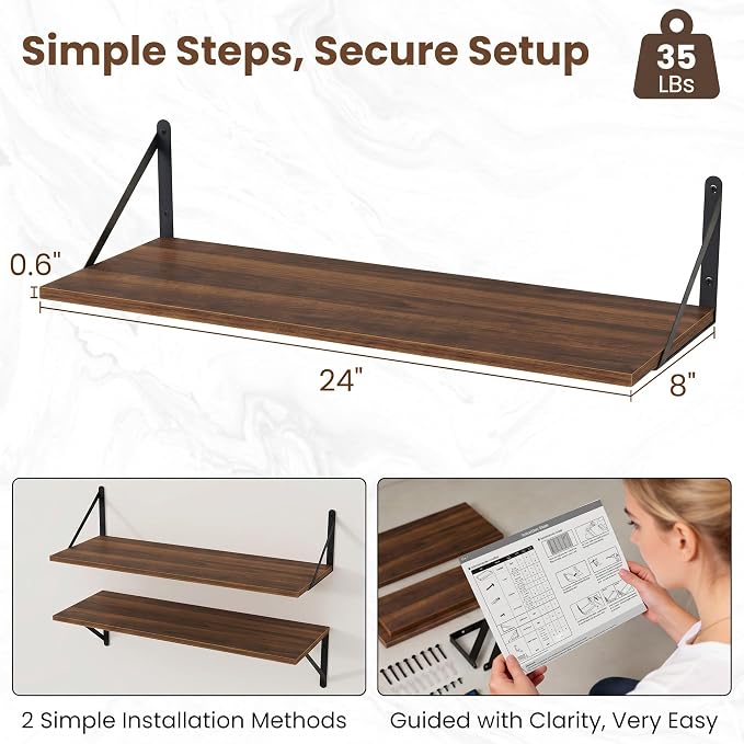 Vivelove 8 Inch Deep Floating Shelves for Wall, 24W x 8D Wood Wall Shelves Set of 3, Walnut Wide Floating Bookshelf for Living Room, Kitchen, Office, Bedroom, with Black Metal Bracke - Walnut