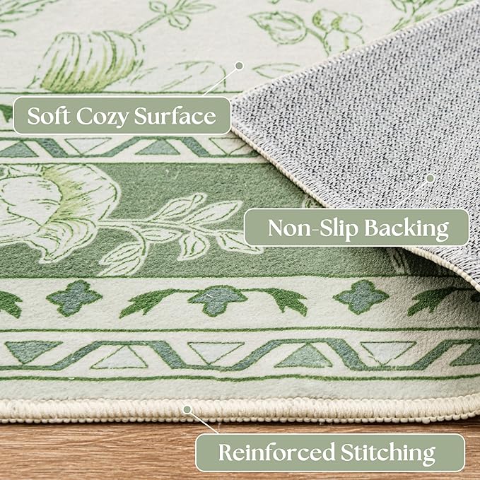 BILEEHOME Floral Area Rug for Bedroom 5x8 Sage Green and Cream Beige Vintage Boho Floral Sketch Style, Washable Low Pile Non Slip Area Rugs for Nursery Living Dining Room, Cozy Aesthetic Home Decor