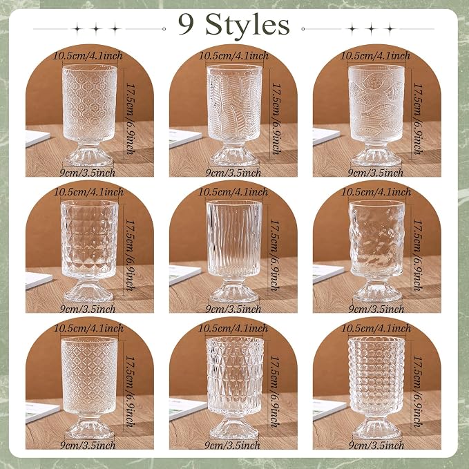 9 Pcs (H: 7" W: 4") Embossed Flower Vase Pedestal Glass Vase Big Base Thickened Crystal Vintage Vases for Wedding Party Home Decor Table Centerpiece House Warming Gifts (Clear,Stylish)