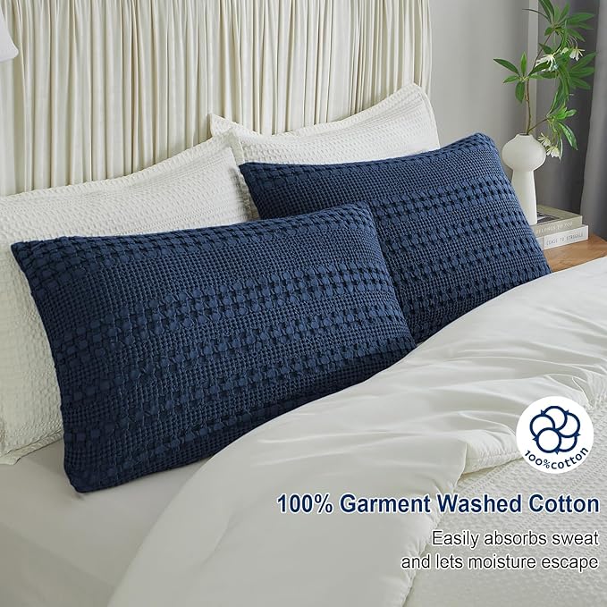PHF 100% Cotton Waffle Pillow Shams Queen Size, 2 Pack 20" x 30" Soft Skin-Friendly Pillowcases, No Filling, Aesthetic Woven and Breathable Waffle Weave Pillow Case Covers for Bed, Blue Sapphire