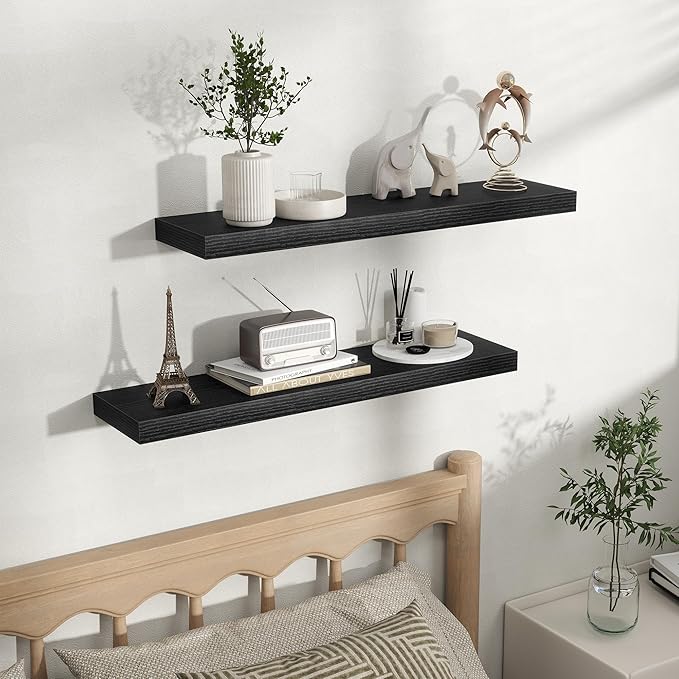 Fun Memories Floating Shelves for Wall, Rustic Wood Wall Mounted Shelves for Bathroom, Bedroom, Living Room & Kitchen, Storage Display Shelves, (Set of 2, Black, 32 in)