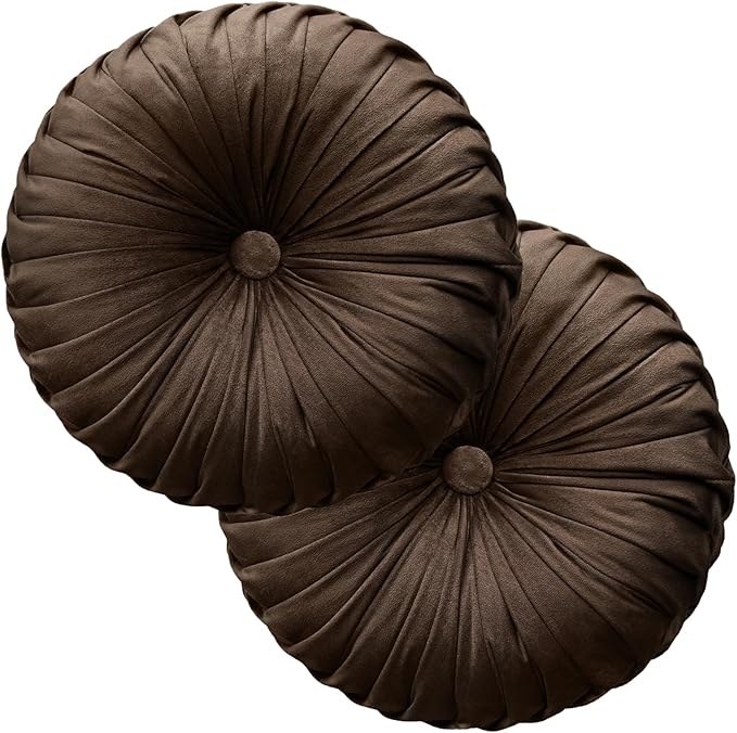 Teieas 2 Pcs Round Throw Pillows Decorative Pumpkin Velvet Boho Pleated Bed Pillows Back Support for Couch Chair Dorm Car 14.96'' (Brown)
