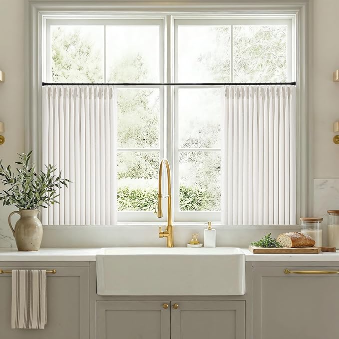Ivory White Short Linen Curtains 36 Inch Length 2 Panels Set for Small Windows Bedroom Rustic Farmhouse Linen Light Filtering Pinch Pleated Drapes Back Tab Semi Sheer Kitchen Curtains 36 Inches Long