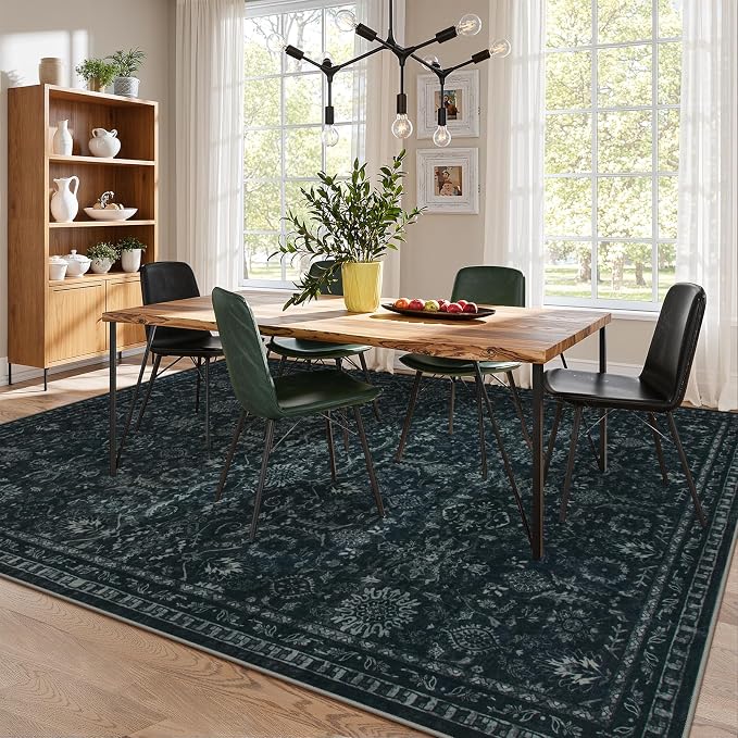 Lahome 9x12 Black Moody Rug for Living Room, Dark Academia Basement Rug | Vintage Washable Non Slip Non Shedding Soft Carpet for Dining Room Bedroom