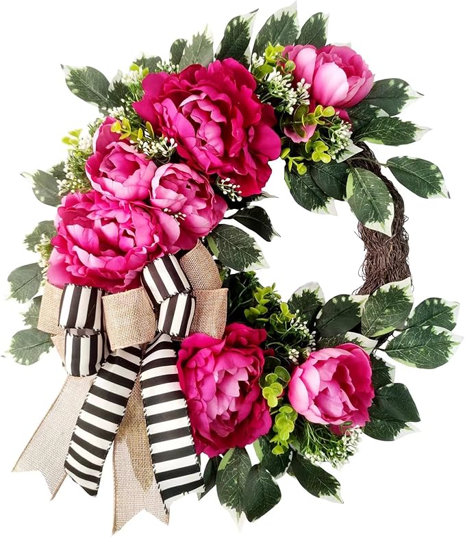 Spring Summer Wreath for Front Door,hot Pink Peony Wreath, Valentine Decor,Housewarming Gift, Wedding Door Decoration,Farmhouse Porch Decor, 20 inch