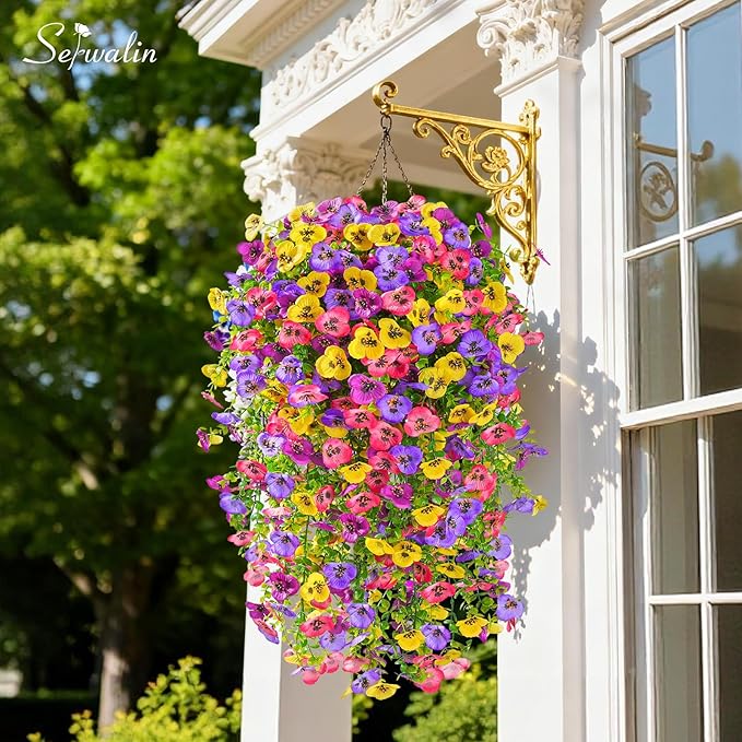 Serwalin Artificial Fake Hanging Flowers for Outdoors Planters,6PCS UV Resistant Faux Pansy Spring Flowers for Outside Porch Patio Garden Window Box (Mixed Colors)