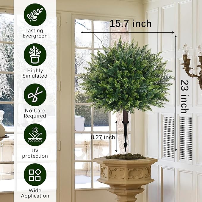 Waipfaru Artificial Plants Outdoor, 23'' Artificial Cedar Topiary with Ground Spike, UV-Resistant Fake Plants Fake Bushes for Outdoor Indoor Garden Front Porch Decor (4Pcs)