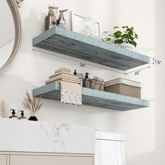 Axeman 36Inch Floating Shelves for Wall, 2 Pack Shelves for Bedroom, Bathroom, Kitchen, Hanging Wall Mounted Rustic Wood Shelf with Invisible Brackets for Books Decor, Rustic Blue