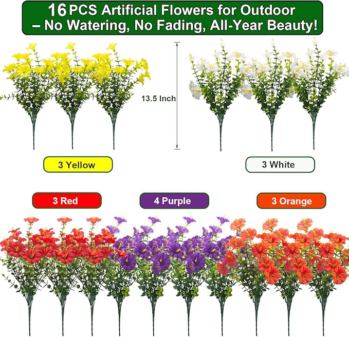 Grunyia Artificial Faux Flowers for Outdoor 16 Bundles Boxwood Fake Morning Glory for Planter,UV Resistant Fake Flowers for Home Porch Patio Outside (White,Yelow,Orange,Red,Purple)