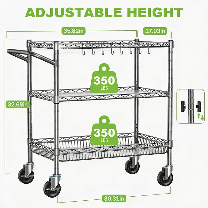 Rolling Utility Metal Carts with Wheels Heavy Duty 1050Lbs Commercial Grade 3 Tier Wire Serving Cart with Handle Bar & Shelf Liner, Storage Trolley for Kitchen Laundry Garage,Gray
