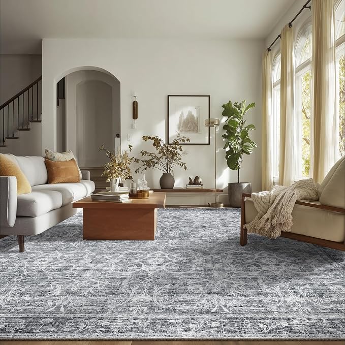 Washable Rugs for Living Room: 9x12 Area Rugs for Bedroom Ultra Soft Non-Slip Stain Resistant Vintage Boho Large Carpet for High-Traffic Dining Room - Farmhouse Decor
