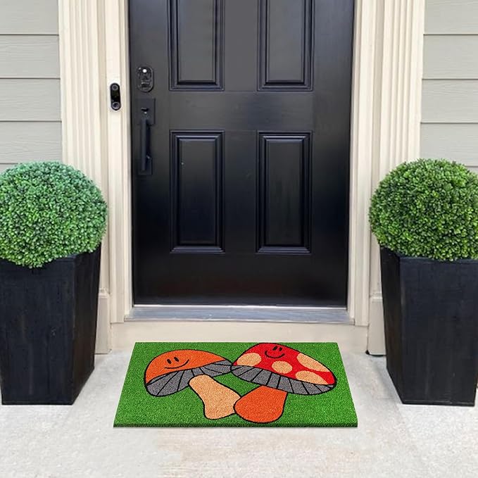 A1HC Natural Coco Coir Door Mat Dancing Mushroom Doormat with Heavy Duty Non-Slip PVC Backing - 18" x 30" - Easy to Clean, Welcome Mat for Home, Low-Profile Durable Doormat