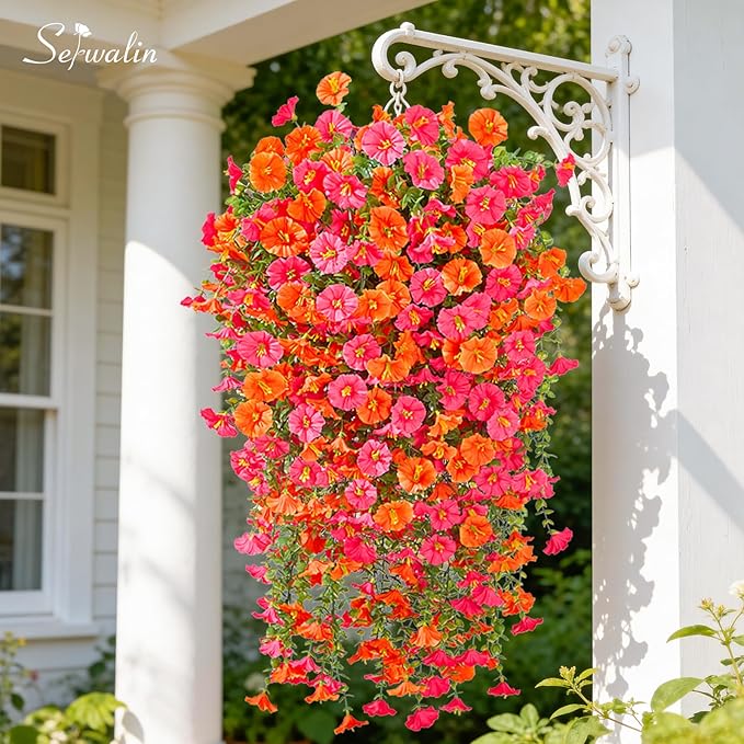 Serwalin Artificial Hanging Flowers for Outdoors Faux Plants, 4PCS Faux Morning Glory Fake Outdoor Flowers UV Resistant Realistic Silk Flower for Outside Planter Front Door Porch Patio Yard Decor